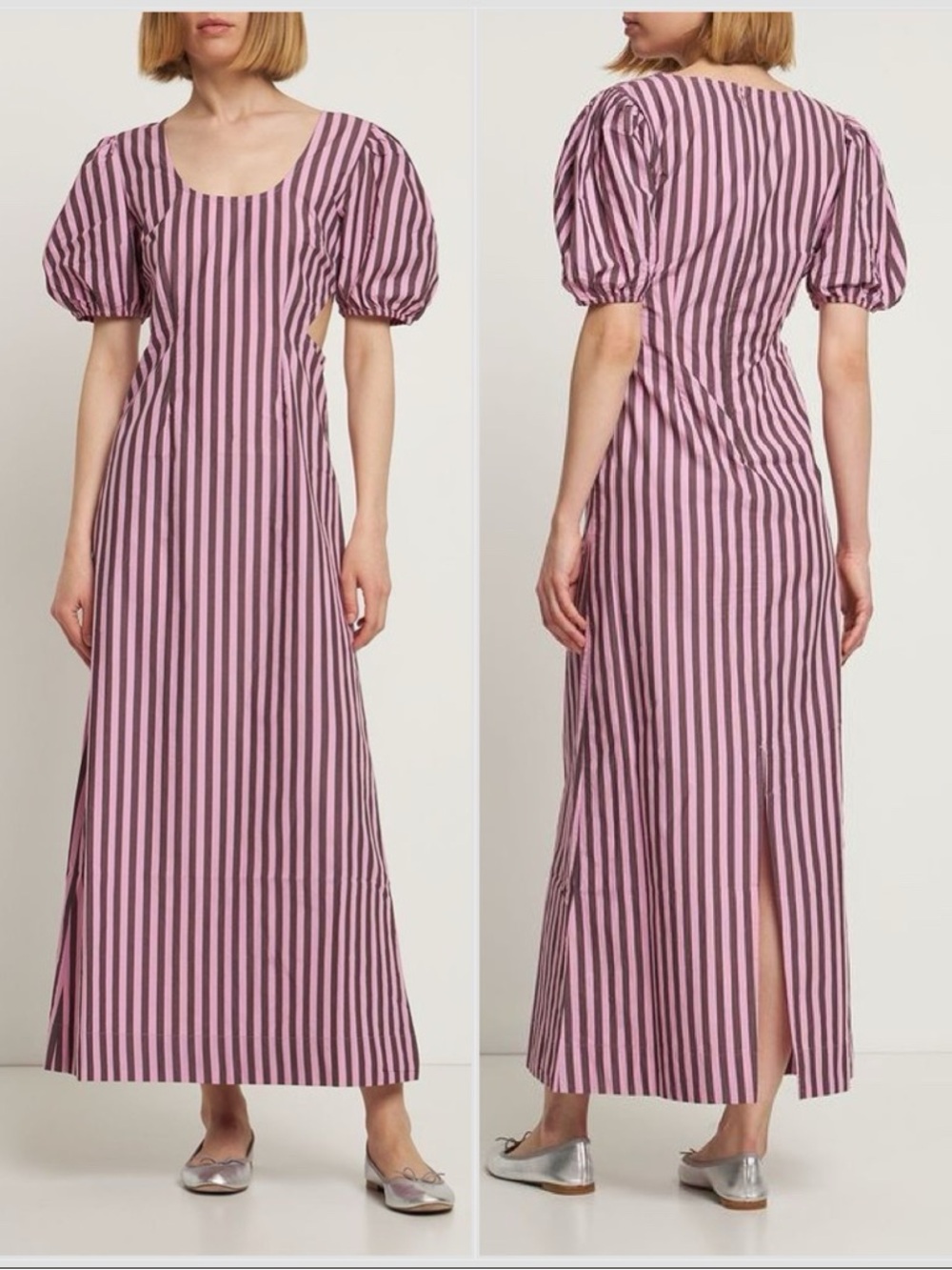 NWT Ganni Cutout Bonbon Purple Brown striped cotton-poplin maxi dress Sz 4 - Picture 3 of 15